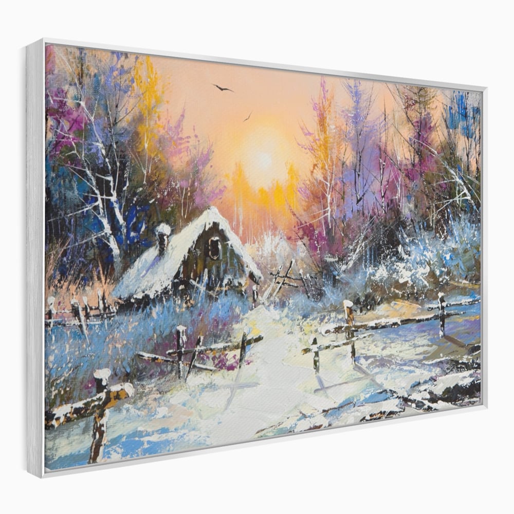 Tablou canvas cu tablou canvas cu peisaj de iarna, in rama de aluminiu argintiu